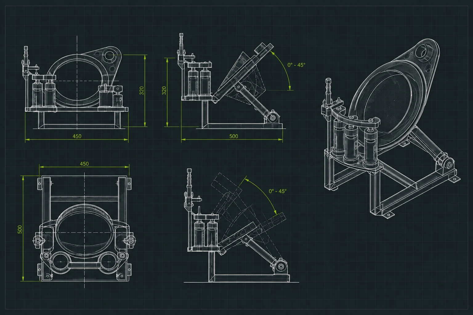 Plano de un captador aspirante a medida diseñado por la oficina técnica CAPTAIR & DIMAVENT: vistas frontal, lateral, superior y en perspectiva, orientación de 0 a 45°